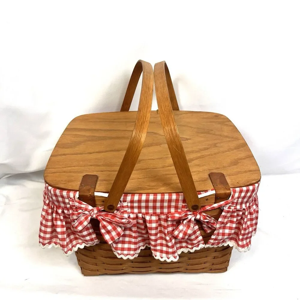 Longaberger Large Picnic Basket Red Gingham Liner Wood Lid USA 1996 Vintage